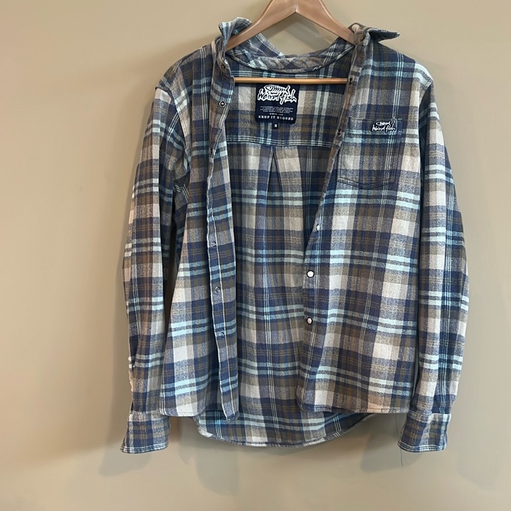 Weird Fish 100% Cotton Mens Blue, Tan and White Plaid Button Down Shirt